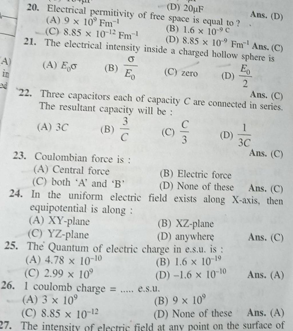 (A) 26. 1 coulomb charge =… e.s.u. | Filo