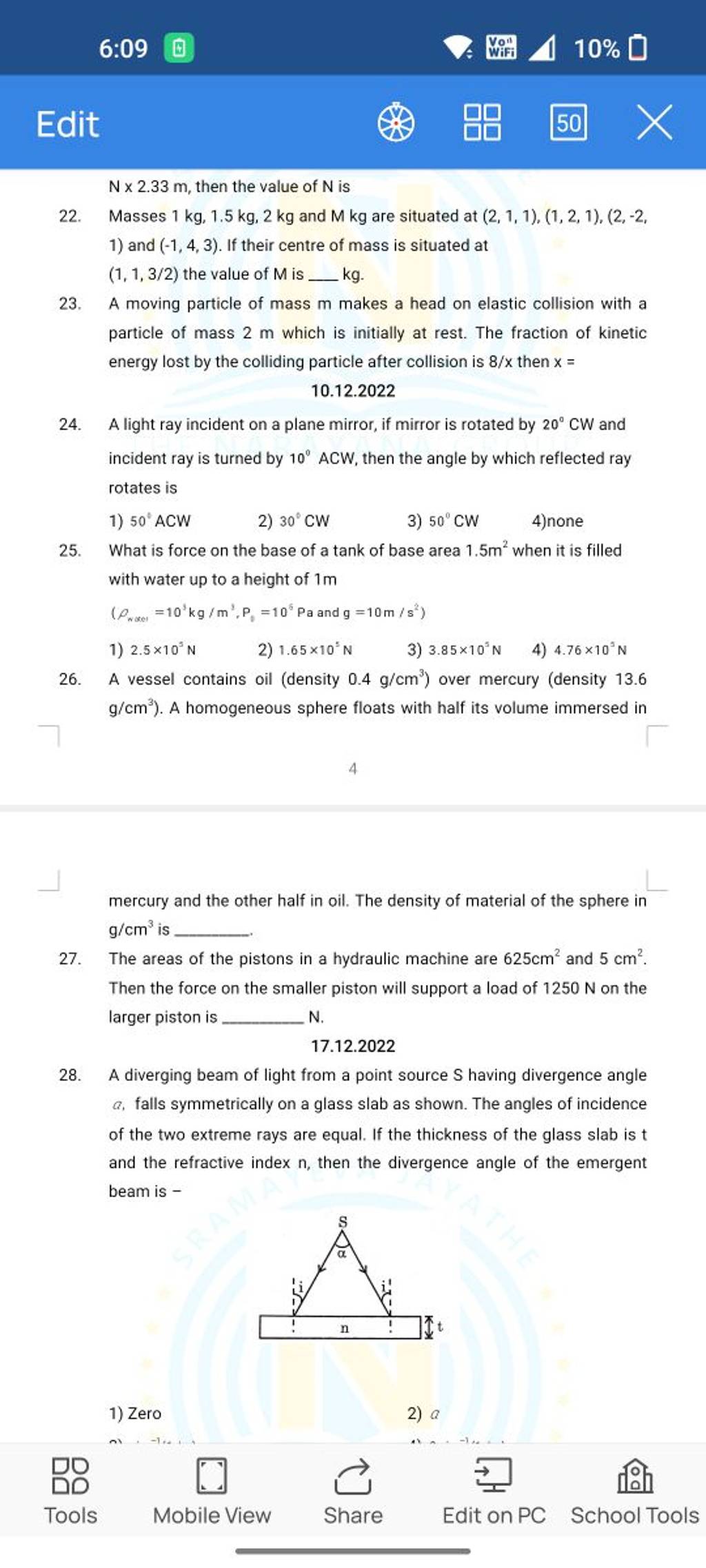 A vessel contains oil (density 0.4 g/cm3 ) over mercury (density 13.6 g/c..
