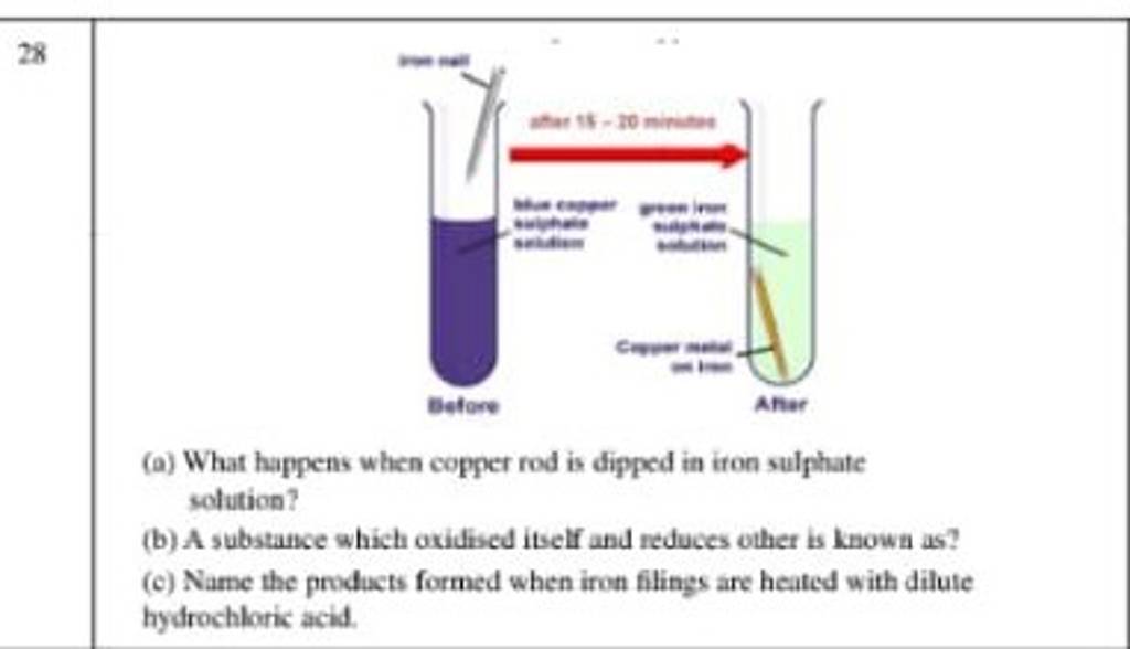 (a) What happens when copper rod is dipped in iron sulphate solution? (b)..