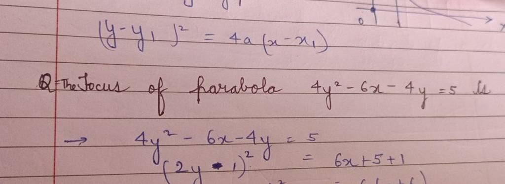 (y−y1​)2=4a(x−x1​)Q=Thefocus of parabola 4y2−6x−4y=5 is→4y2−6x−4y(2y−1