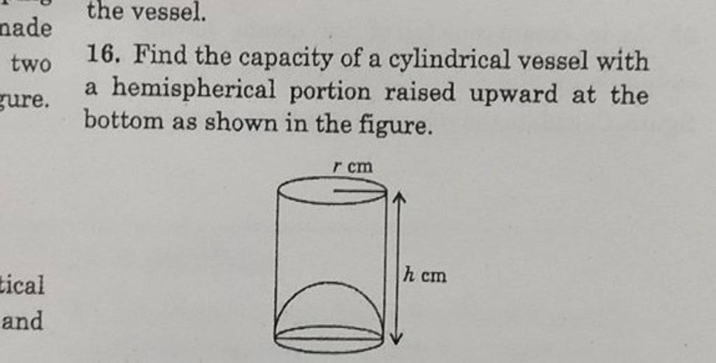 the vessel. two 16. Find the capacity of a cylindrical vessel with a hemi..
