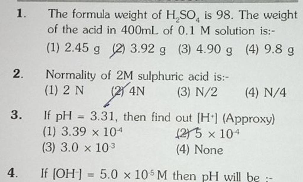Normality of 2m sulphuric acid is filo 56 off
