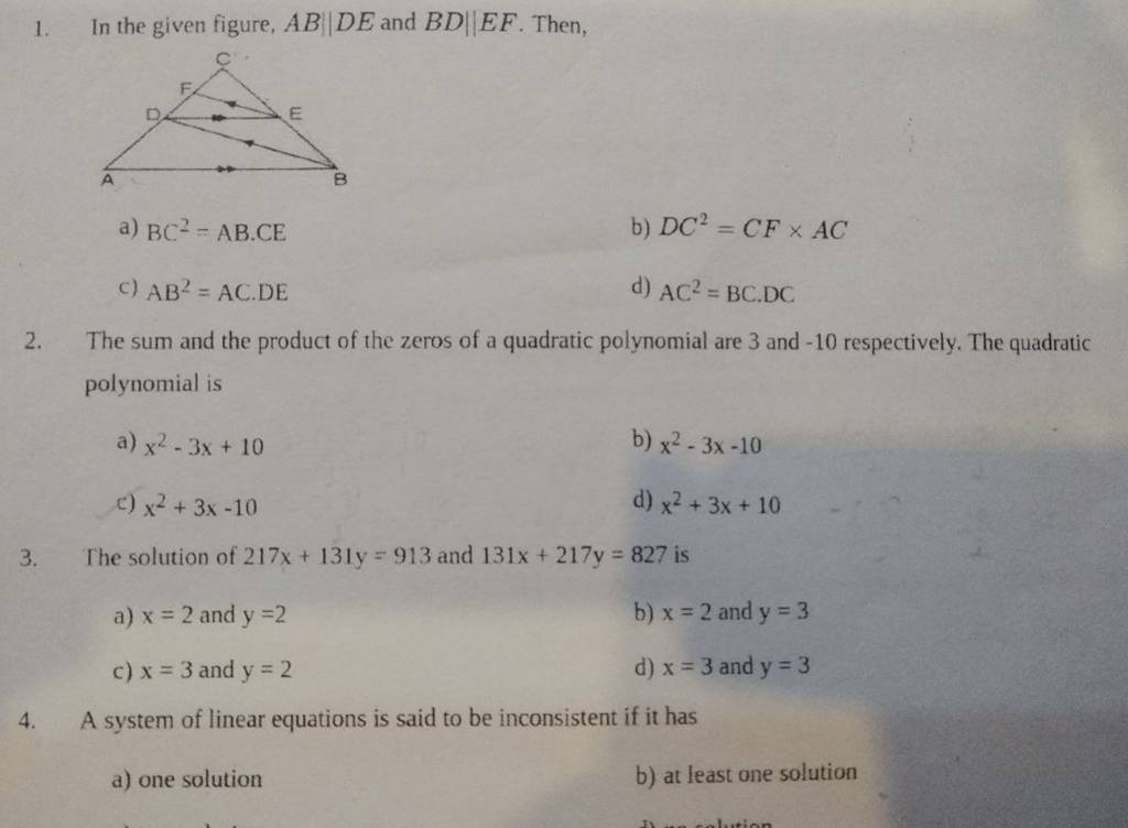 1. In the given figure, AB∥DE and BD∥EF. Then, a) BC2=AB⋅CE b) DC2=CF×AC