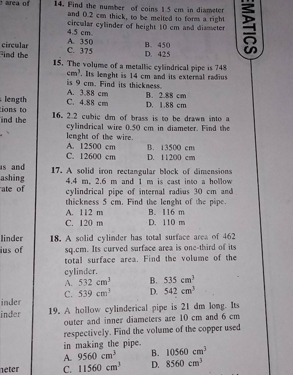 14. Find the number of coins 1.5 cm in diameter and 0.2 cm thick, to be m..