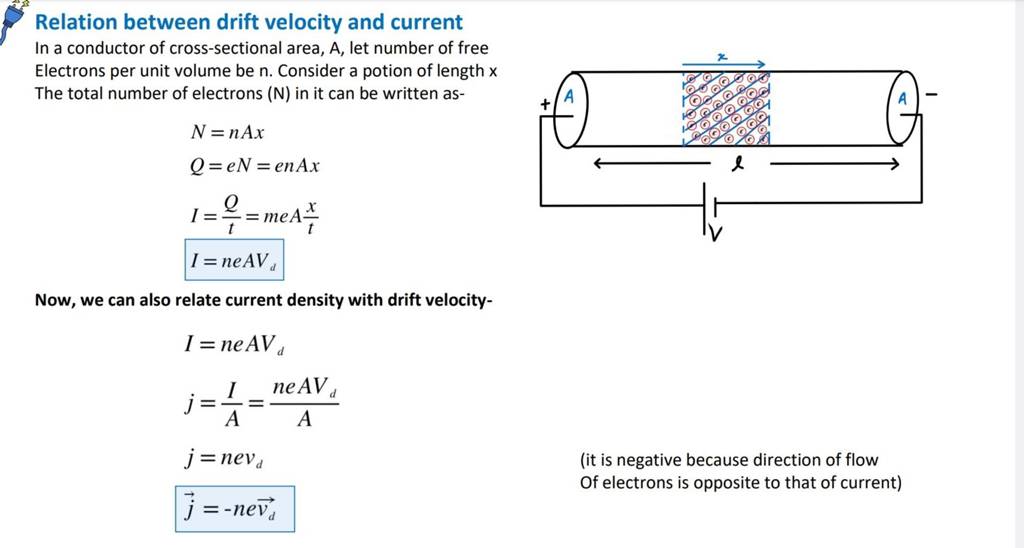 relation-between-drift-velocity-and-current-in-a-conductor-of-cross-secti