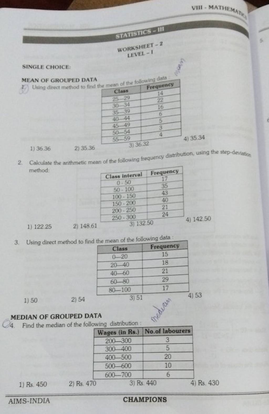 single-choice-statsics-iii-worksheet-2-level-1-mean-of-grouped-data