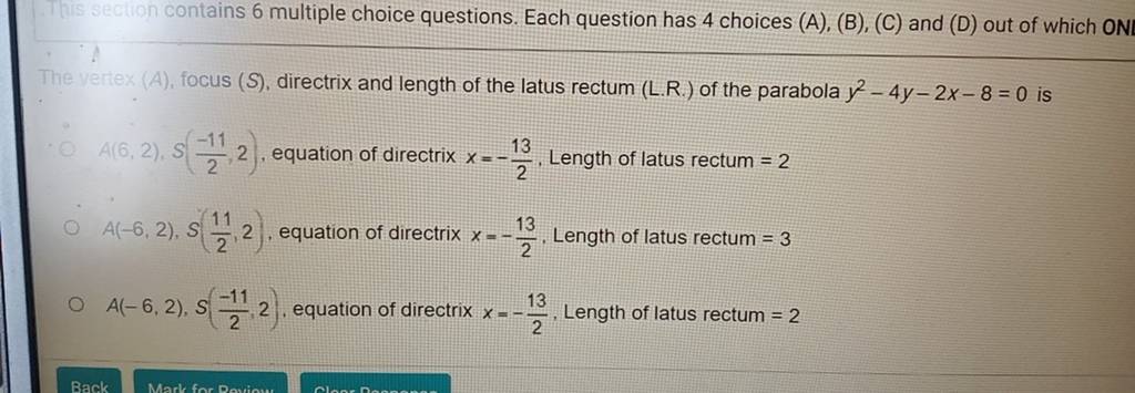 The vertex (A), focus (S), directrix and length of the latus rectum (L