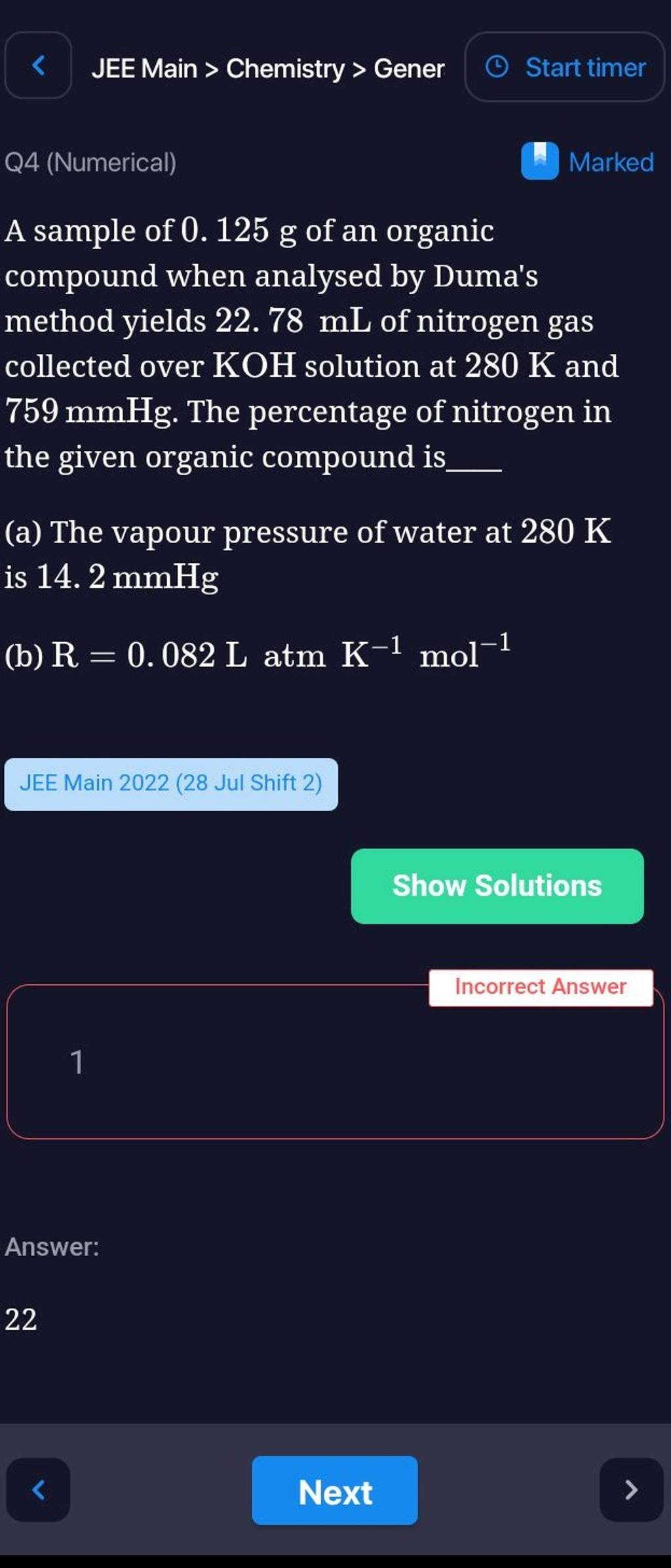 A sample of \( 0.125 \mathrm{~g} \) of an organic compound when analysed by  Dumas method yields  