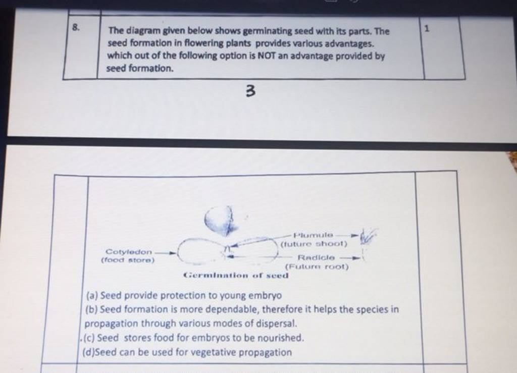 8. The diagram given below shows germinating seed with its parts. The see..
