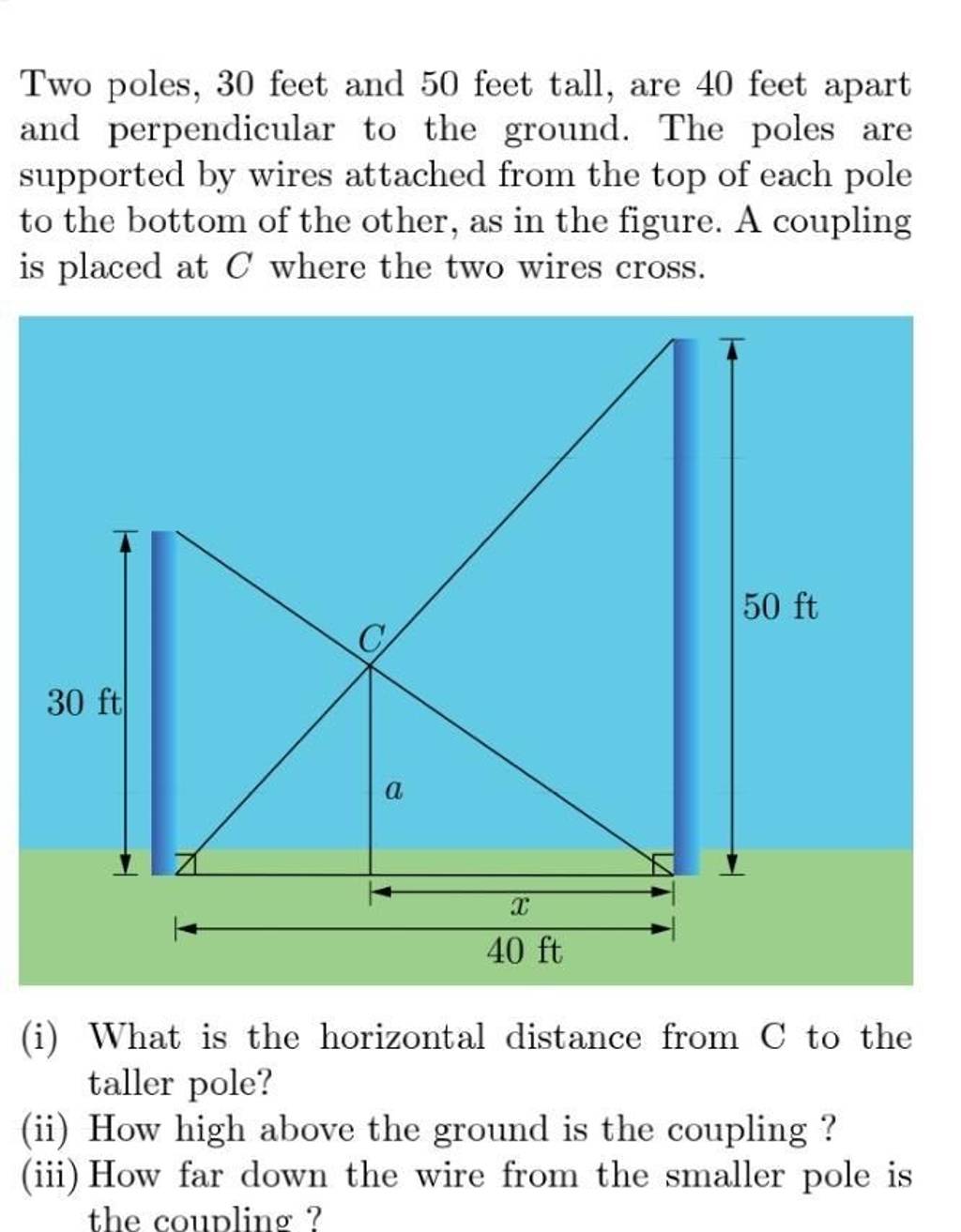 Two poles, 30 feet and 50 feet tall, are 40 feet apart and perpendicular