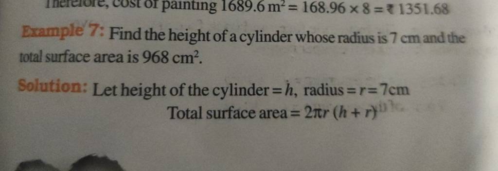 Example 7: Find the height of a cylinder whose radius is 7 cm and the tot..