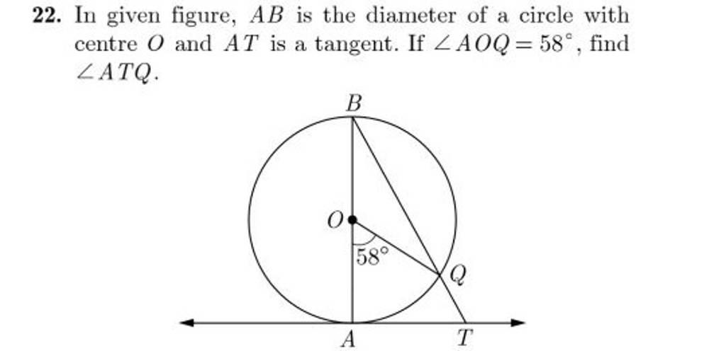 22. In given figure, AB is the diameter of a circle with centre O and AT