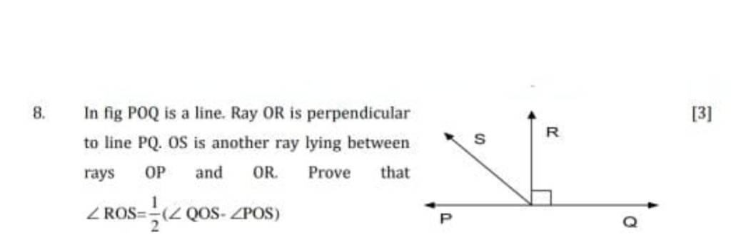 8. In fig POQ is a line. Ray OR is perpendicular to line PQ. OS is anothe..