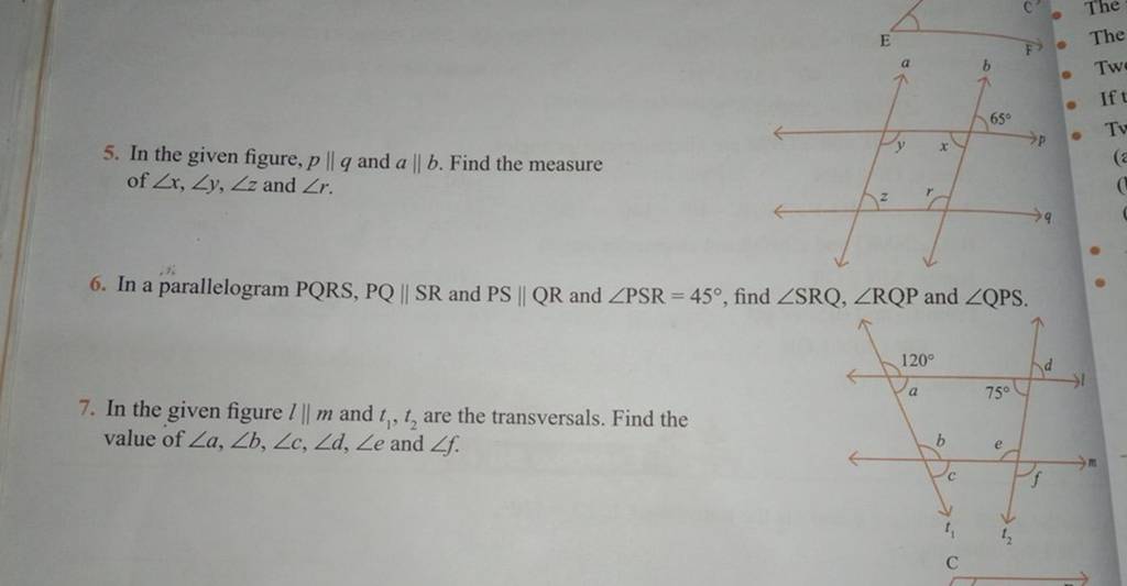 5. In the given figure, p∥q and a∥b. Find the measure of ∠x,∠y,∠z and ∠r...