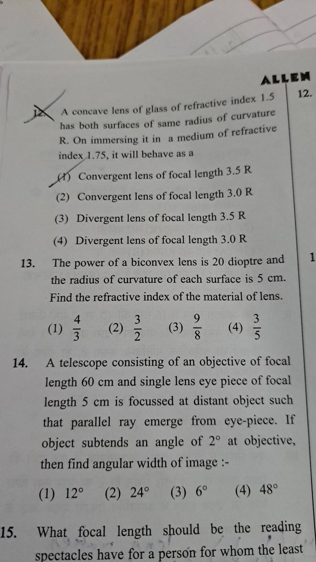 A telescope consisting of an objective of focal length 60 cm and single l..