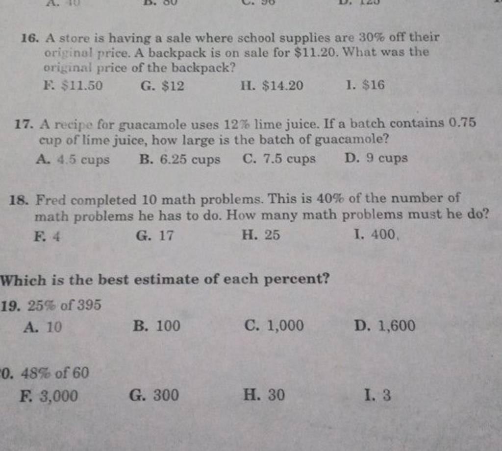 17 H. 25 I. 400 , Which Is The Best Estimate Of Each Percent? 19. 25% Of