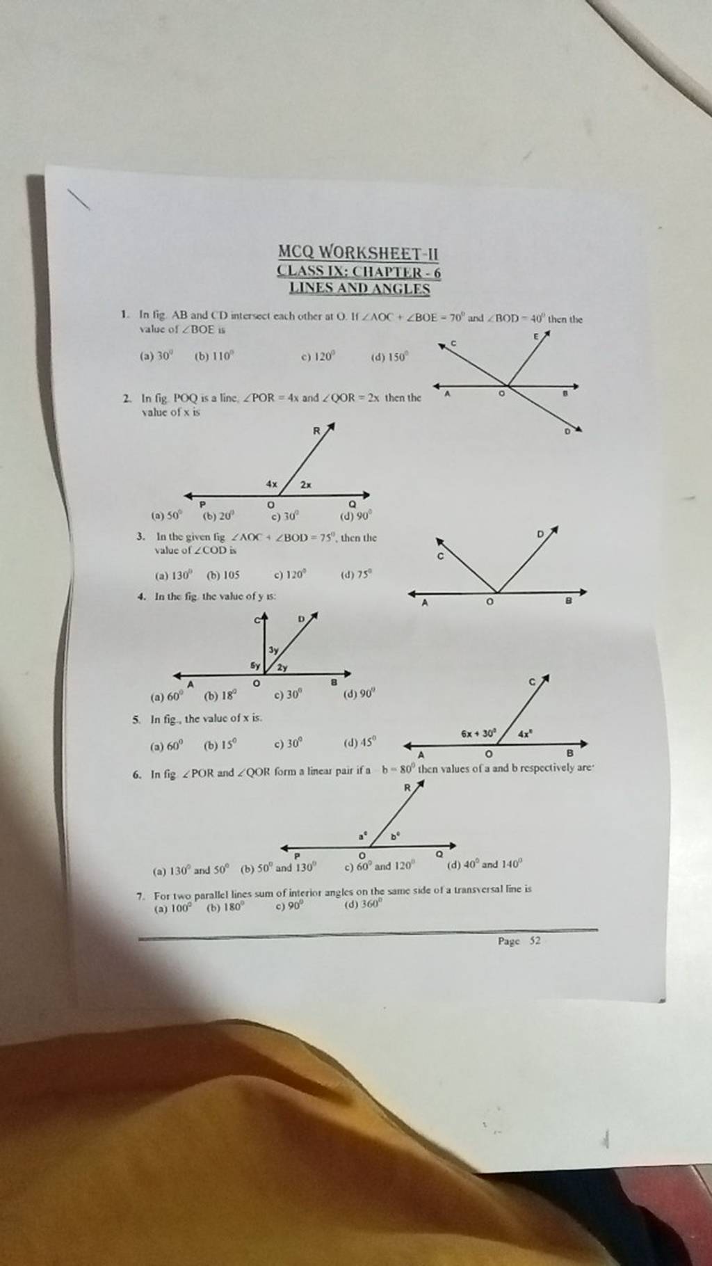MCQ WORKSHEETII CLASS IX CHAPTER 6 WINES AND ANGLES value of ∠COD is