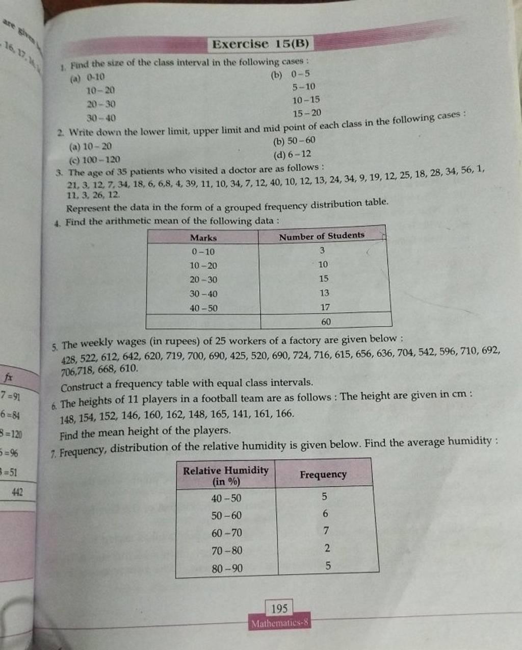 Exercise 15(B) 1. Find the size of the class interval in the following ca..