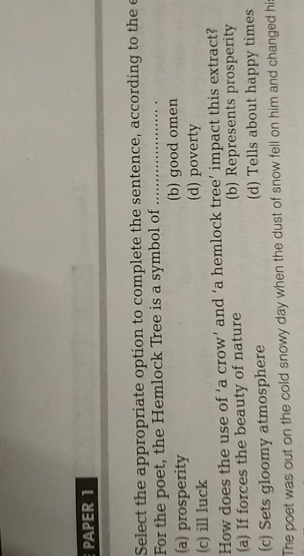 How does the use of 'a crow' and 'a hemlock tree' impact this extract?..