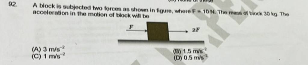 A block is subjected two forces as shown in figure, where F=10 N. The mas..