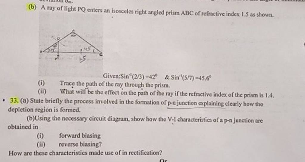 B A Ray Of Light Pq Enters An Isosceles Right Angled Prism Abc Of Refra 3253