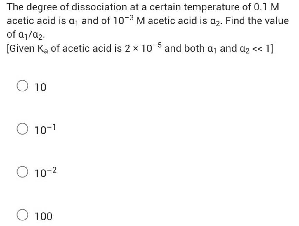 The degree of dissociation at a certain temperature of 0.1M acetic acid i..