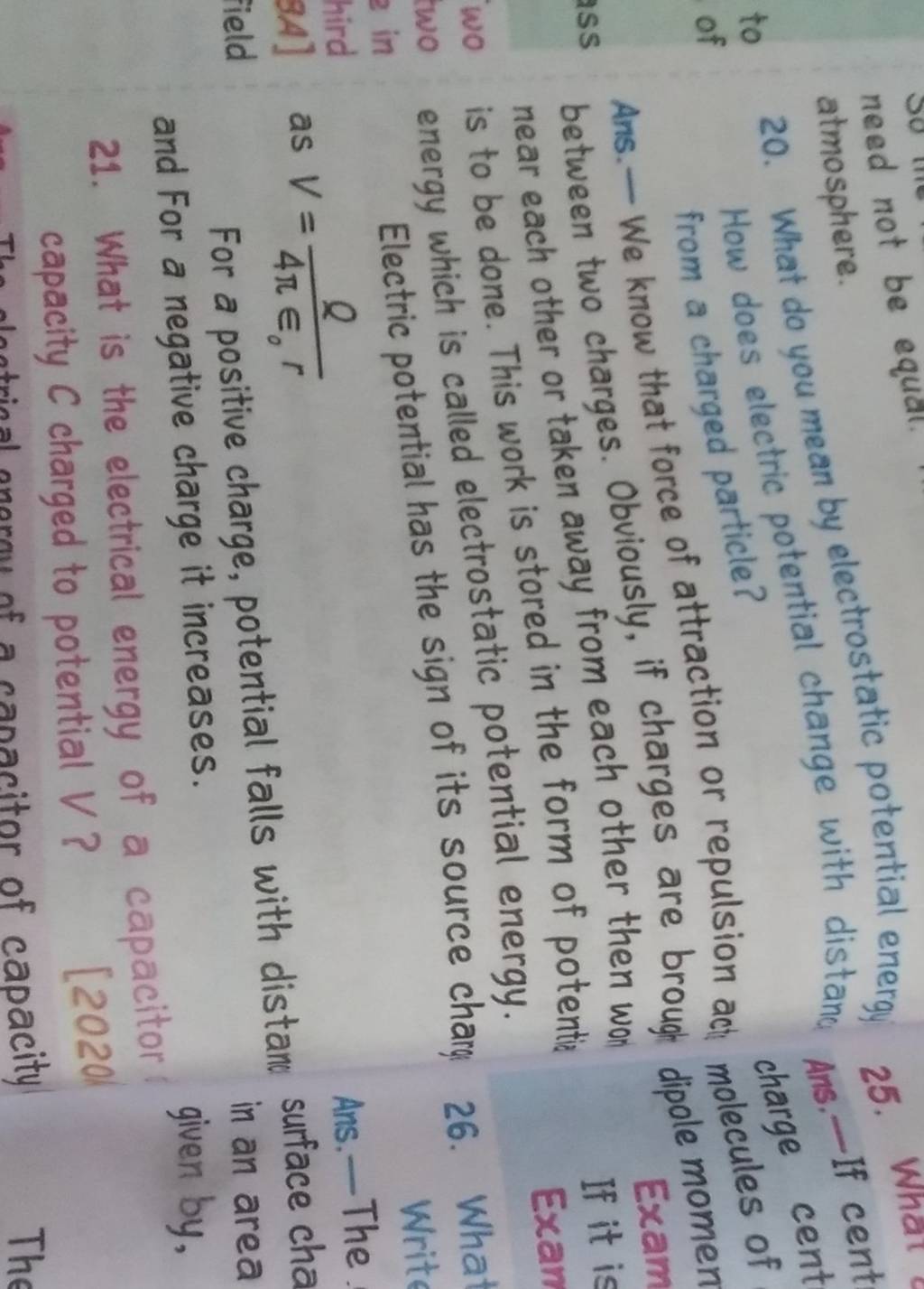 need not be equal. atmosphere. 20. What do you mean by electrostatic pote..