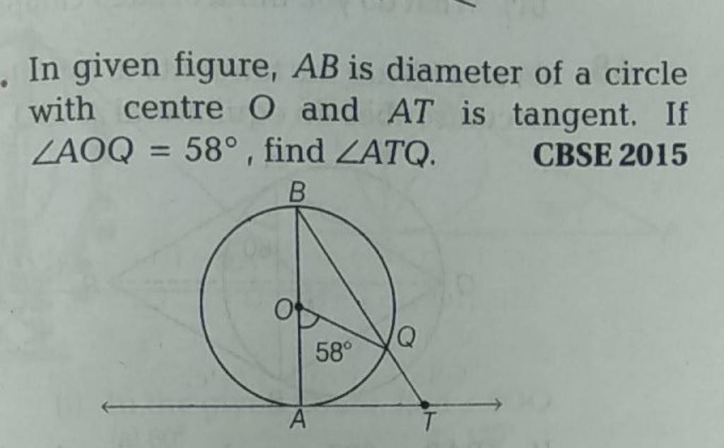 In given figure, AB is diameter of a circle with centre O and AT is tange..