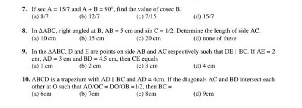 7. If SecA=15/7 And A+B=90∘, Find The Value Of Cosec B. (a) 8/7 (b) 12/7