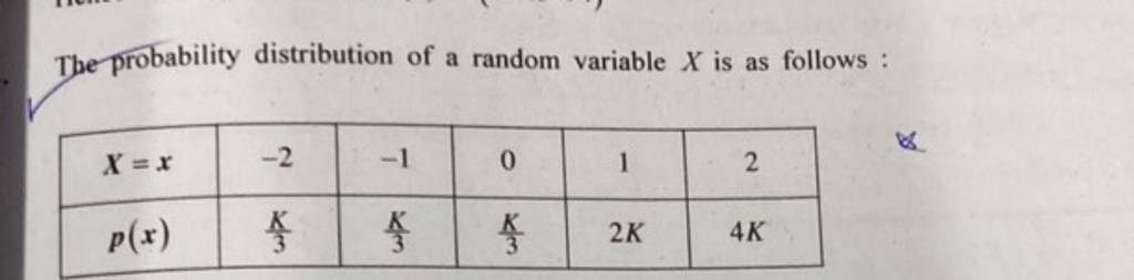 The probability distribution of a random variable X is as follows :
X=