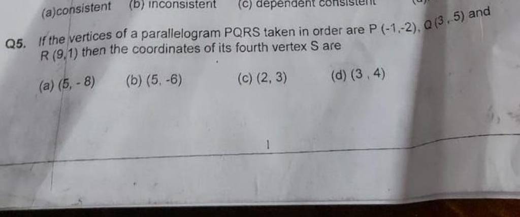 Q5 If The Vertices Of A Parallelogram Pqrs Taken In Order Are P 1 2 Q Q5 If The Vertices Of A Parallelogram Pqrs Taken In Order Are P 1 2 Q