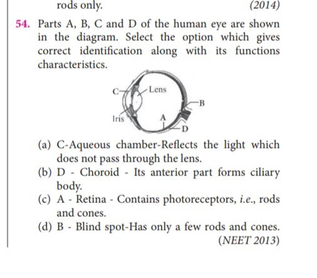 rods only. (2014) 54. Parts A, B, C and D of the human eye are shown i