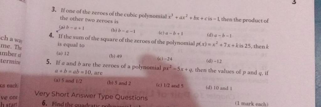 3. If One Of The Zeroes Of The Cubic Polynomial X3+ax2+bx+c Is −1, Then T..