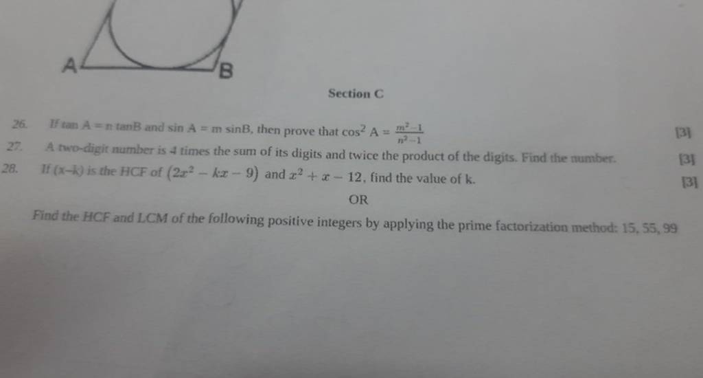 Section C 26. If TanA=ntanB And SinA=msinB, Then Prove That Cos2A=n2−1m2−..