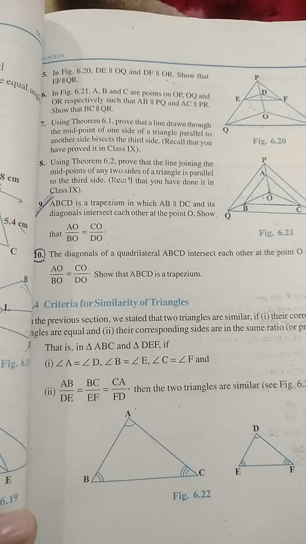 5. In Fig. 6.20, DE ∥OQ and DF ∥OR. Show that EF∥QR. 6. In Fig. 6.21, A,B..