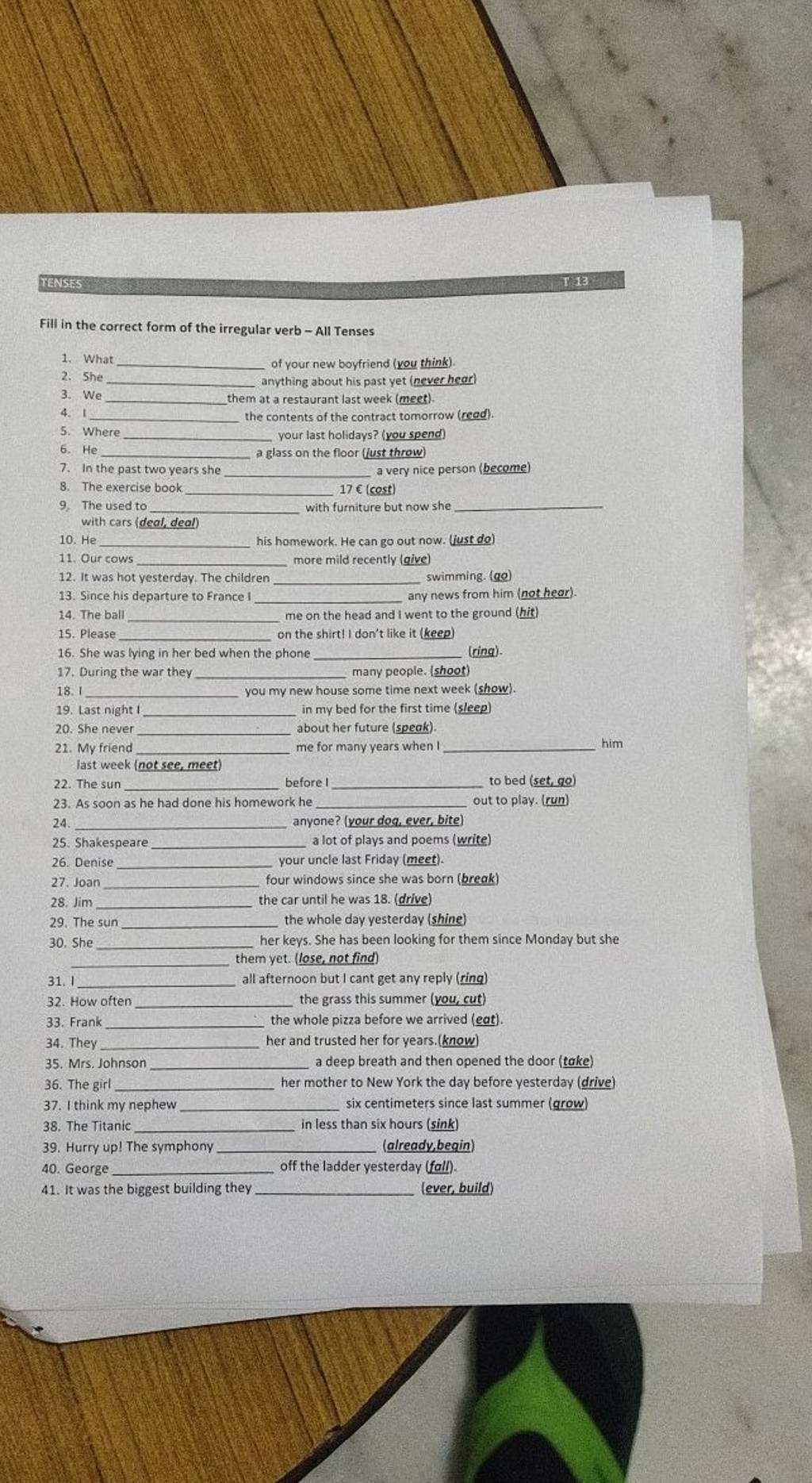 TENSES Fill In The Correct Form Of The Irregular Verb All Tenses Filo