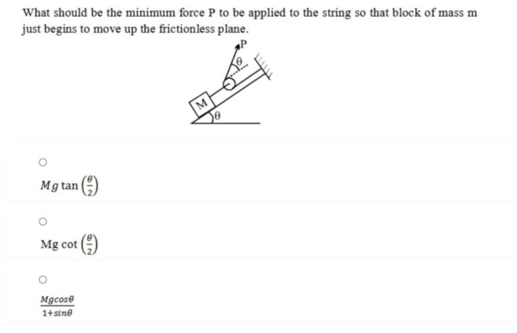 What should be the minimum force P to be applied to the string so that bl..