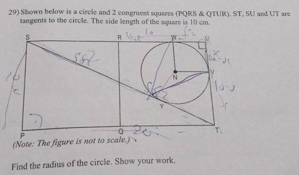 29) Shown below is a circle and 2 congruent squares (PQRS \& QTUR). ST, S..
