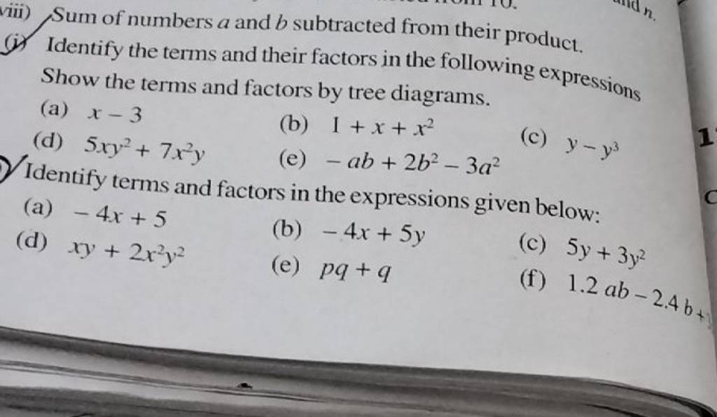 (i) Identify the terms and their factors in the following expressions Sho..
