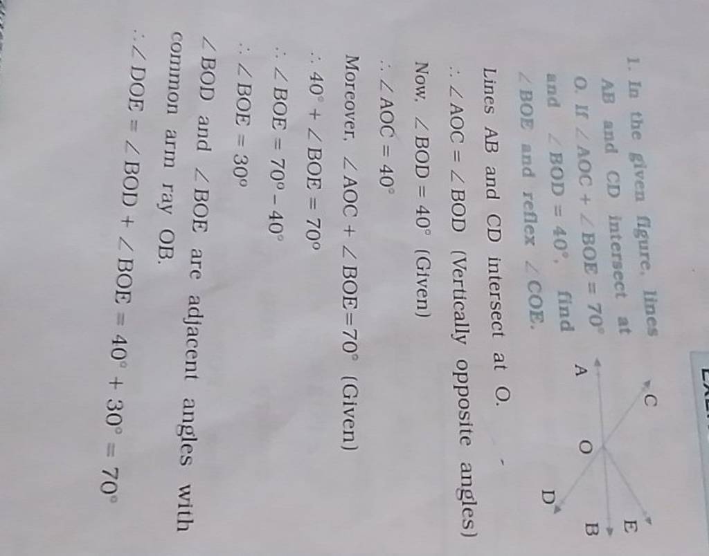 1 In The Given Figure Lines C AB And CD Intersect At O If AOC BOE 70 