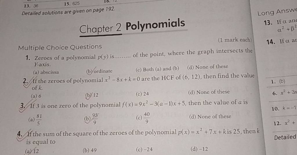 Chapter 2 polynomials multiple choice questions 1 mark each 1 zeroes o 