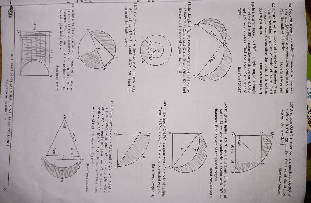 131 two circles touch internally the sum of their areas is 137 a square 