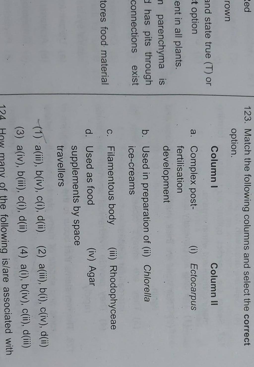 123. Match the following columns and select the correct option. Column I