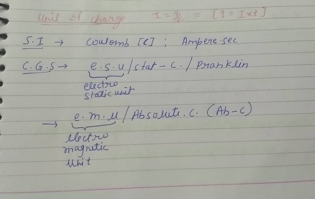 Unit of charg I=tq =[q=I×t] S.I → coulomb [C]; Ampere-sec → electro magn..