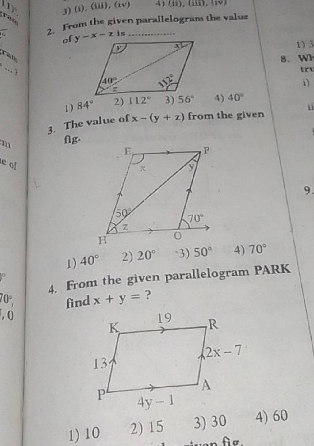 2. From the given parallelogram the value
4) 40∘
3. The value of x−(y+