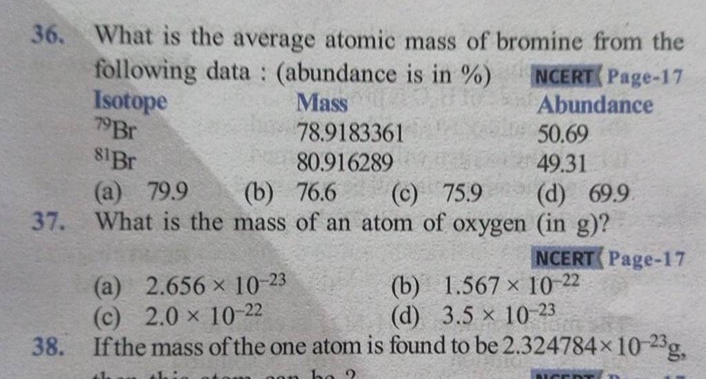 What is the average atomic mass of bromine from the following data (abu..