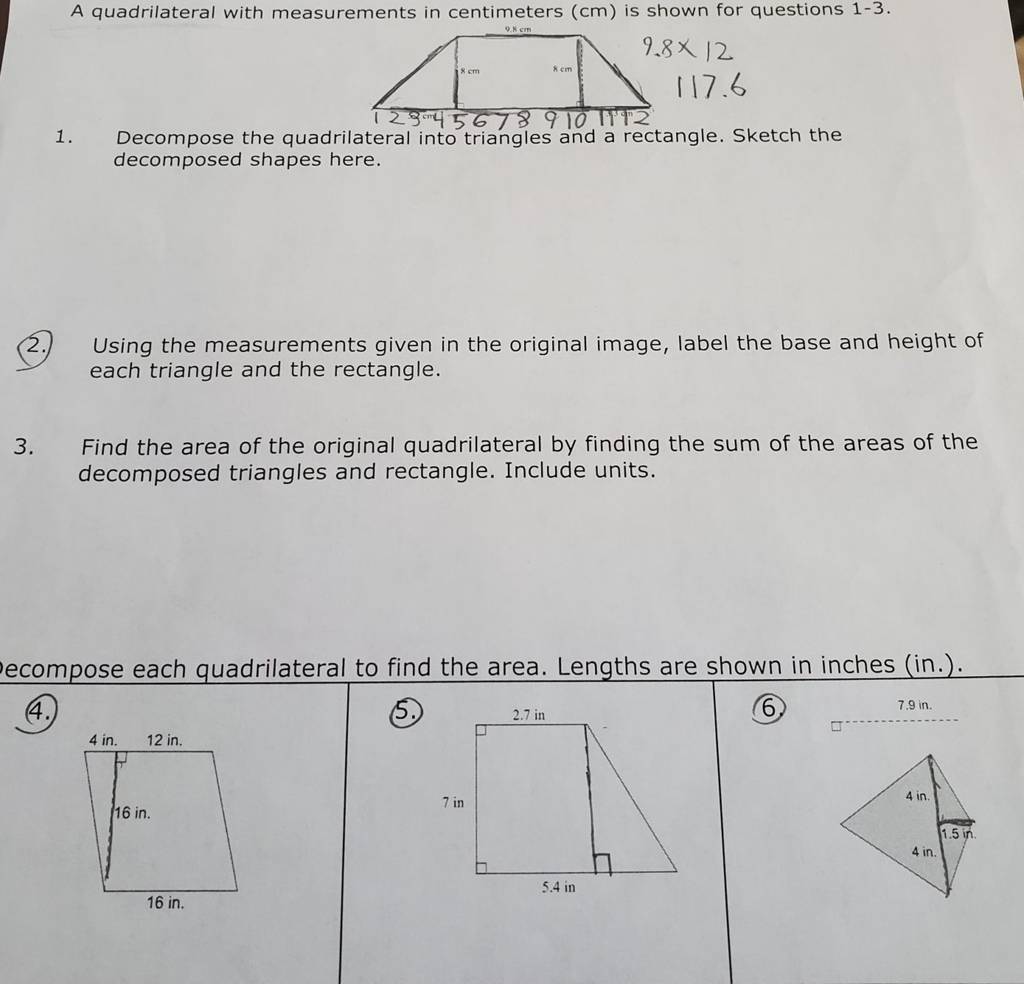 A quadrilateral with measurements in centimeters (cm) is shown for questi..