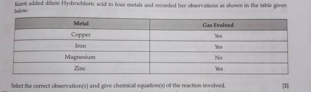 Keerti Added Dilute Hydrochloric Acid To Four Metals And Recorded Her Obs keerti-added-dilute-hydrochloric-acid-to-four-metals-and-recorded-her-obs