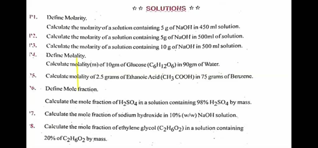के SOLUTIONS के के P1. Define Molarity. Calculate the molarity of a solut..