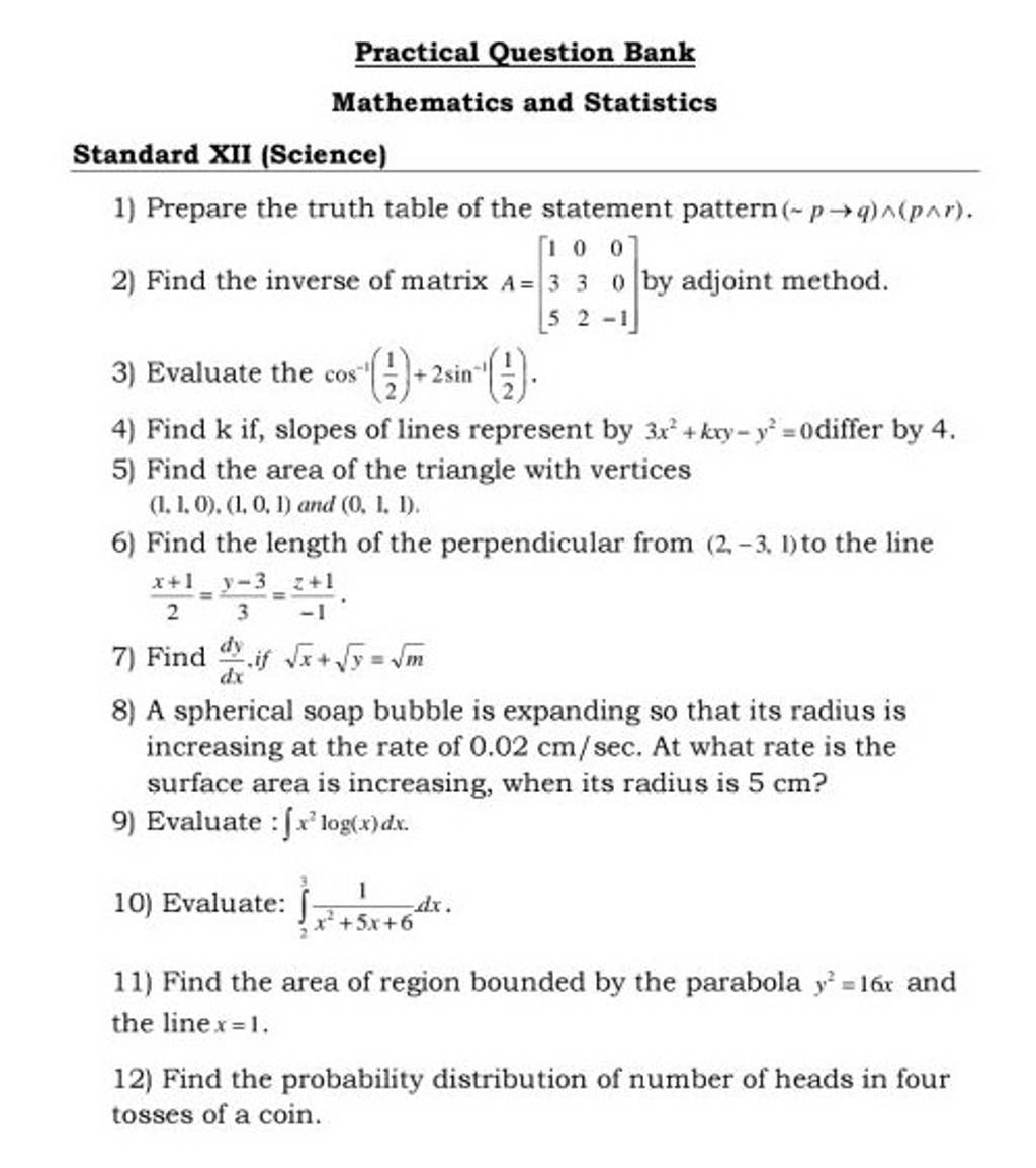 Practical Question Bank Mathematics and Statistics Standard XII (Science)..